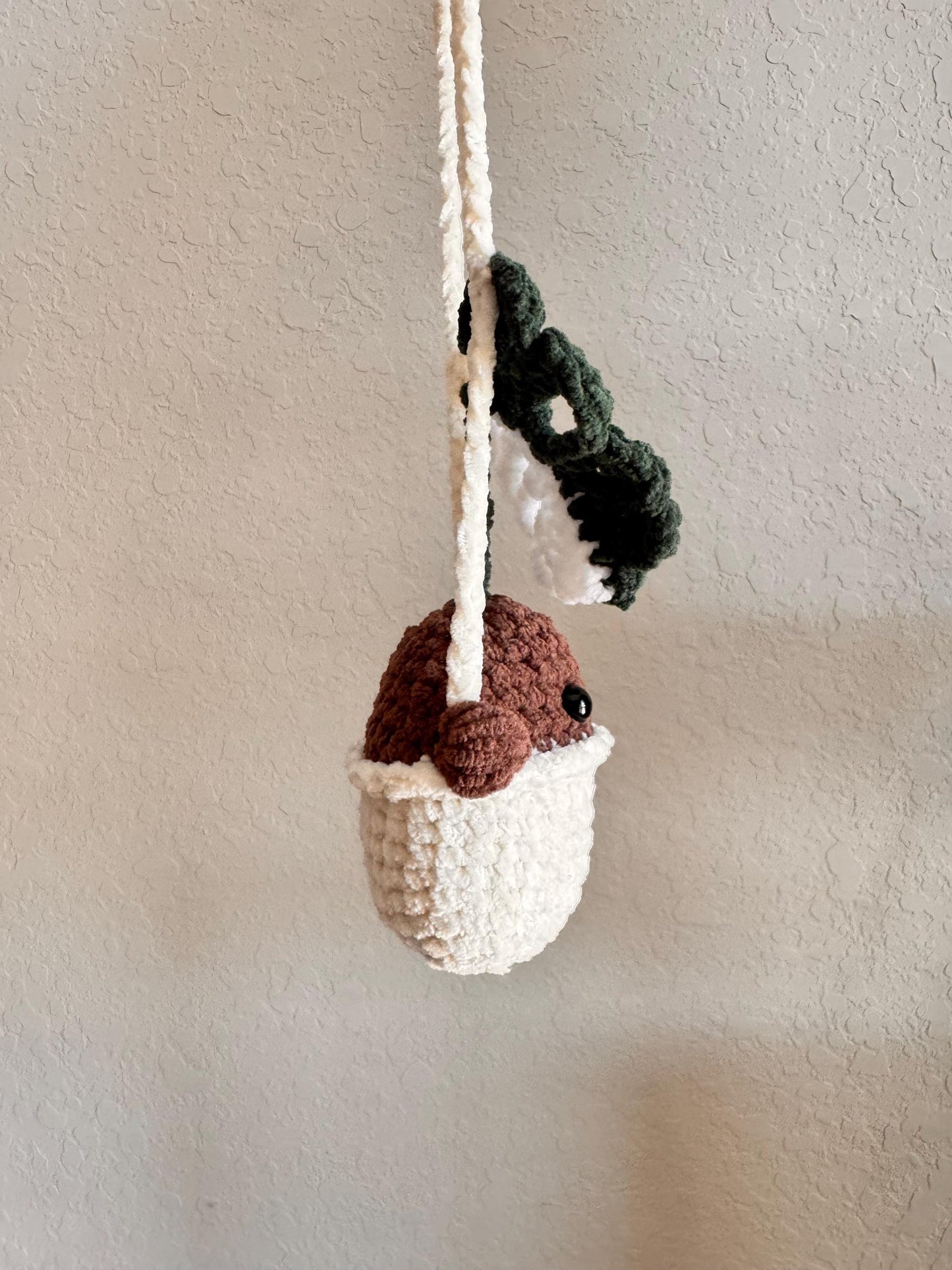 Crocheted Botanical Baby MINI: Single Leaf Monstera Deliciosa Plushie Mirror Charm, Amigurumi, Car Mirror