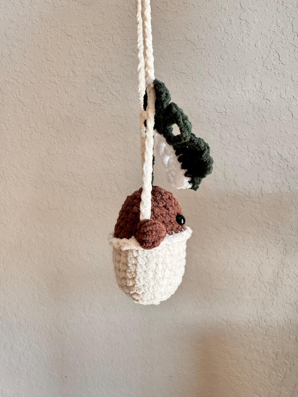 Crocheted Botanical Baby MINI: Single Leaf Monstera Deliciosa Plushie Mirror Charm, Amigurumi, Car Mirror