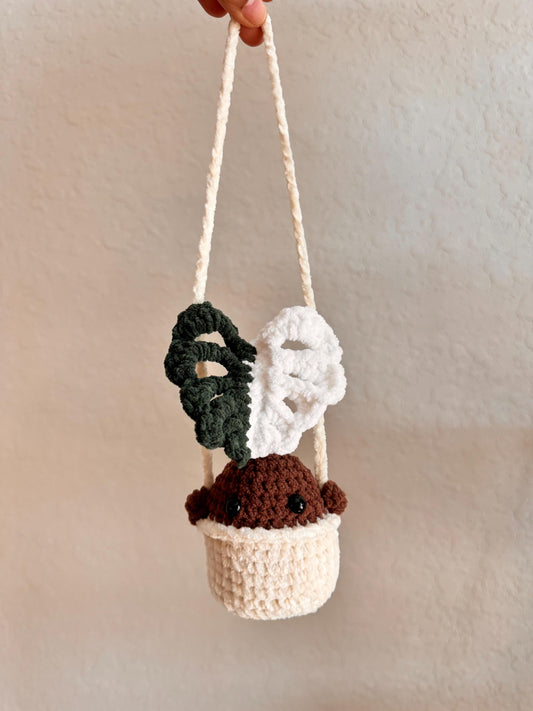 Crocheted Botanical Baby MINI: Single Leaf Monstera Deliciosa Plushie Mirror Charm, Amigurumi, Car Mirror