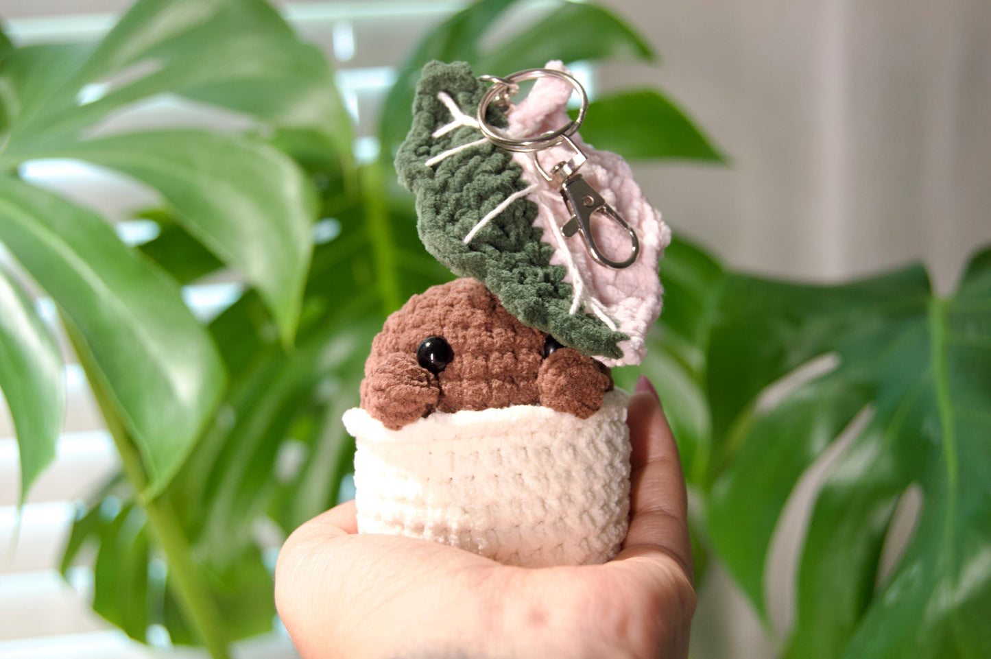 Crocheted Alocasia Pink Polly Plushie: Botanical Bag Charm