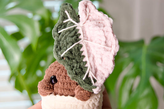 Crocheted Alocasia Pink Polly Plushie: Botanical Bag Charm