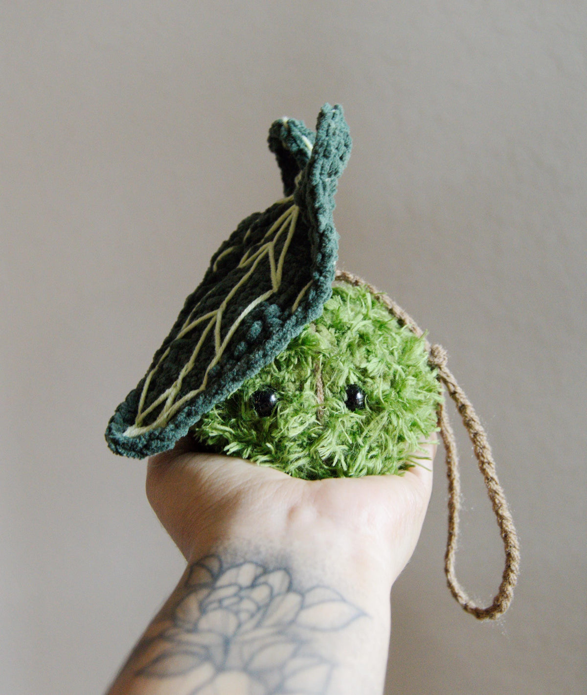 Crocheted hanging Anthurium Plushie Bag Charm: Botanical Kokedama car mirror charm