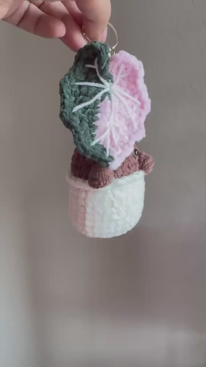 Crocheted Alocasia Pink Polly Plushie: Botanical Bag Charm